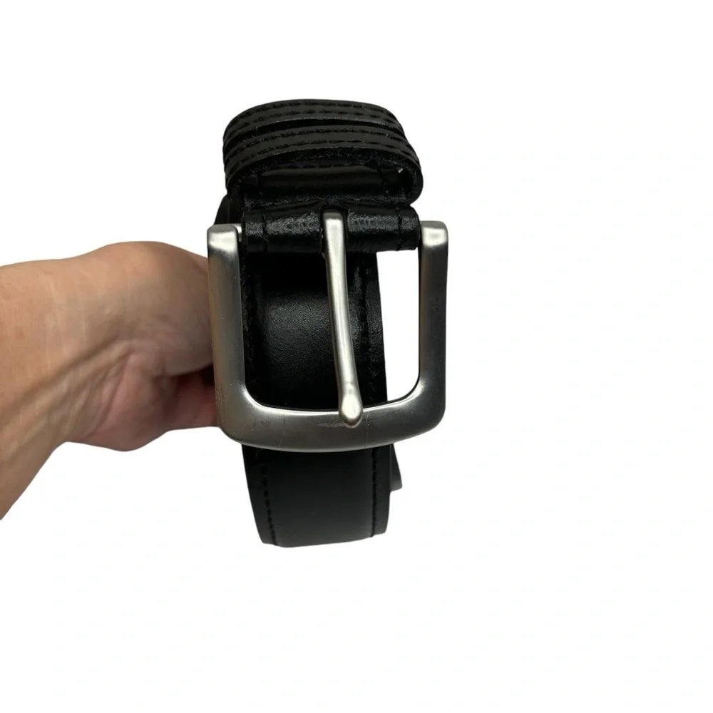 Men’s Black Leather Belt Polished Nickel (Silver/Gray Color) Size 42 / 40” Waist